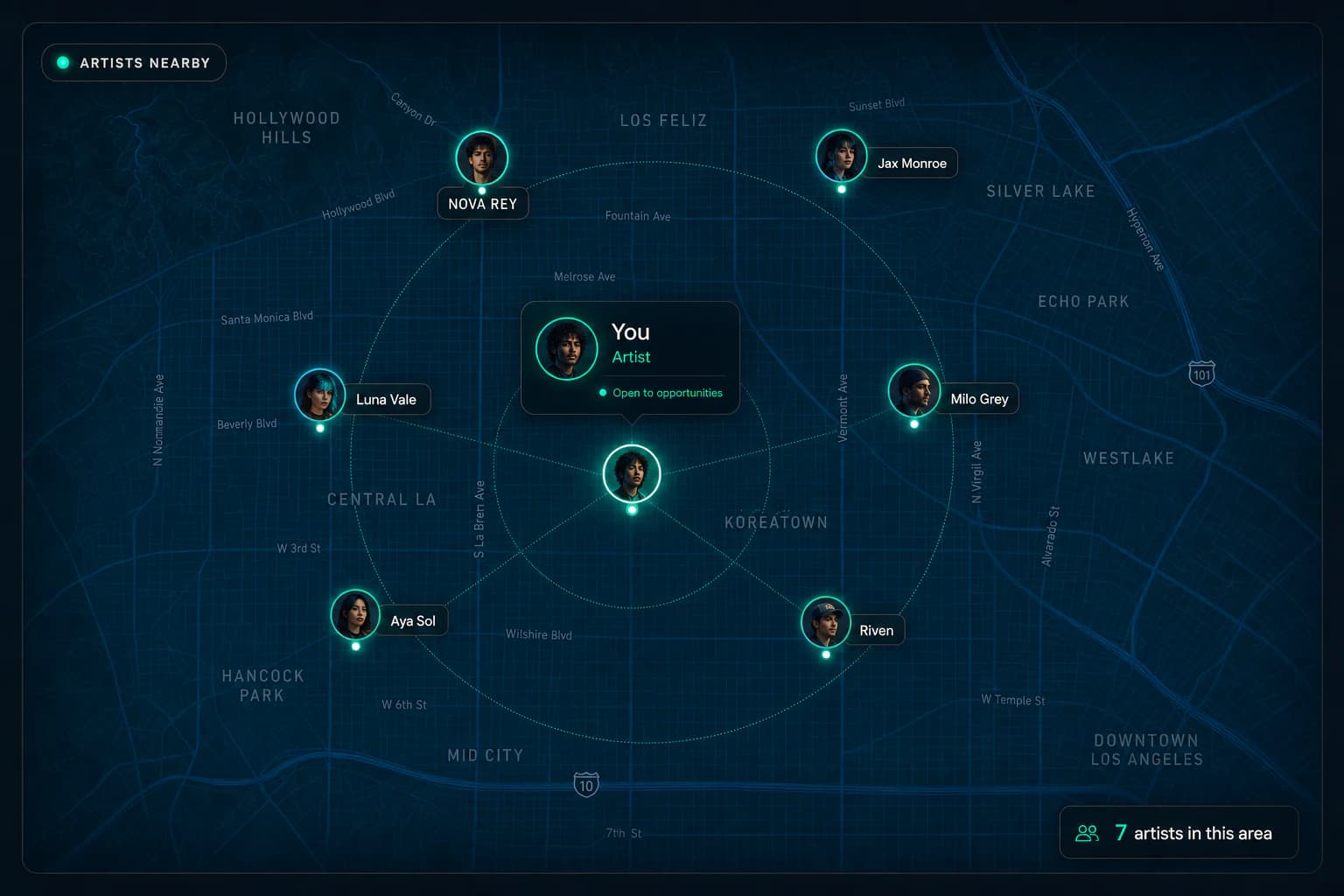 AmpMap scouting view showing You among nearby artists