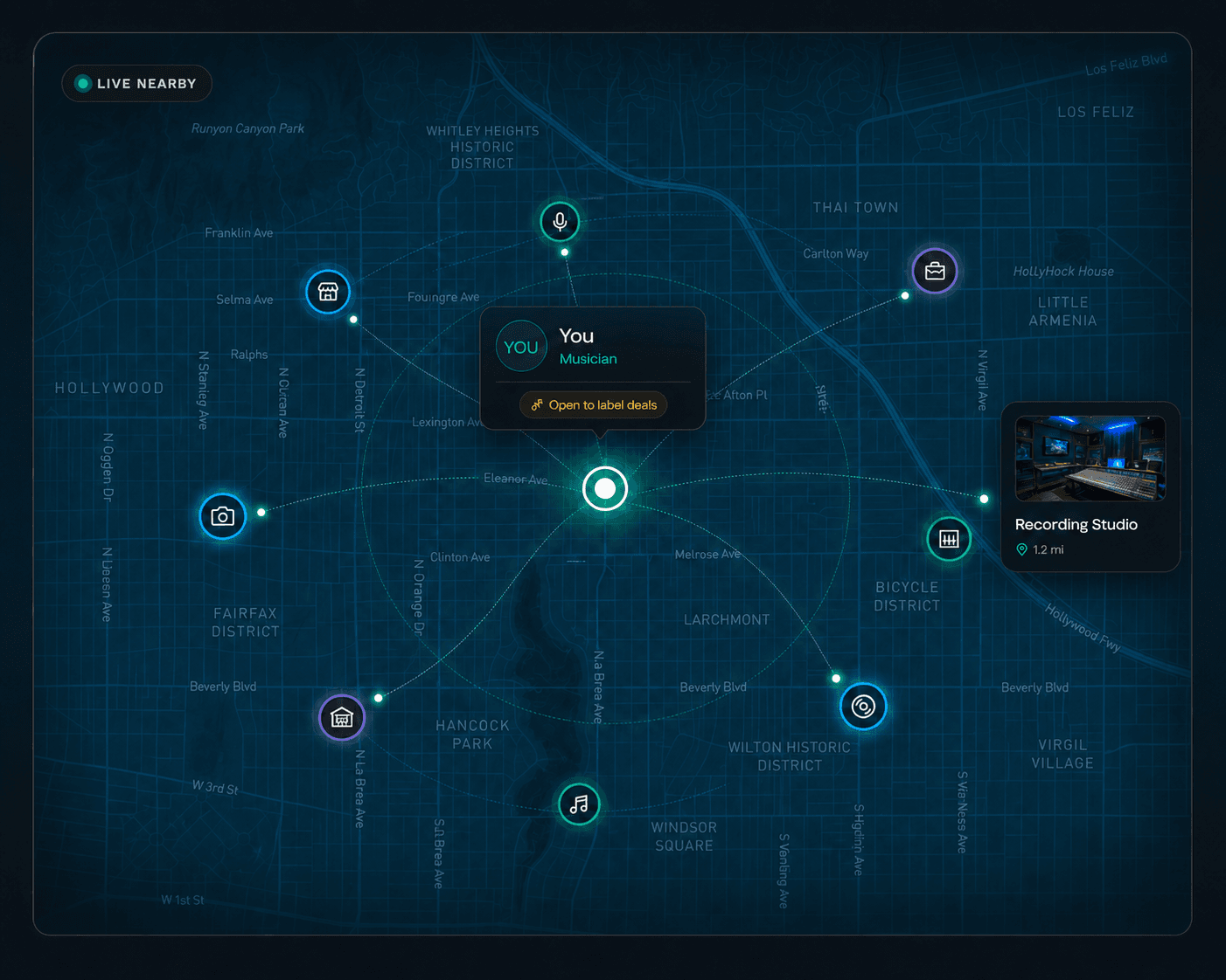 AmpMap showing nearby musicians, studios, and music-industry vendors